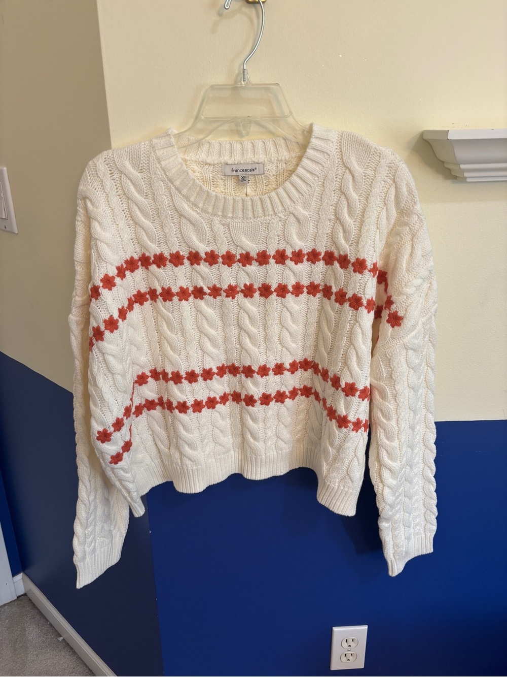 Francesca's Collections Cream Cable Knit Sweater with Orange Floral Stripe
